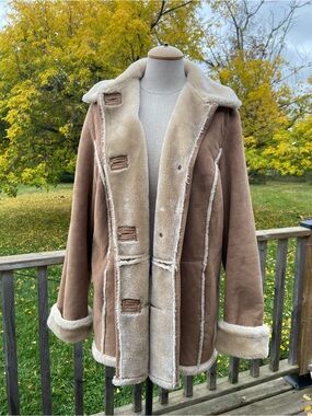 VTG 90s Faux Suede Shearling Cozy Coat Autumn Fall Winter Fashion Vegan Vintage